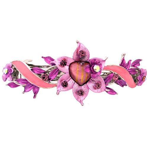 Caravan Pink-Purple Flower Heart Automatic Swarovski Barrette