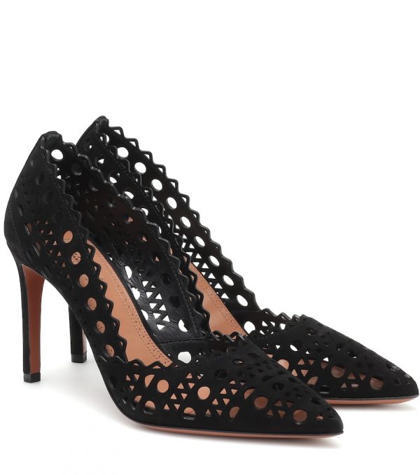 Laser-cut suede pumps