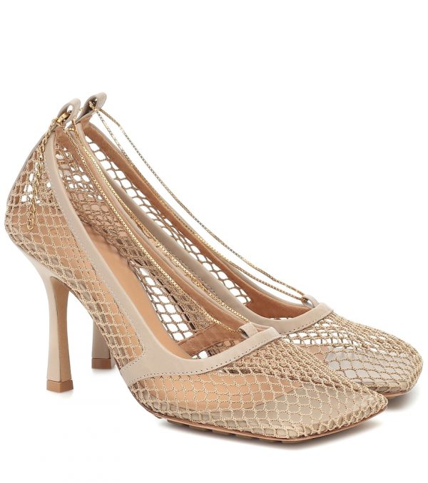 Leather-trimmed stretch-mesh pumps