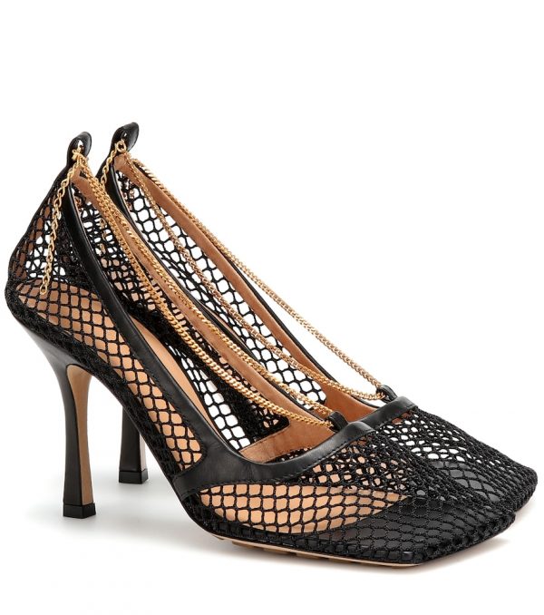 Leather-trimmed stretch-mesh pumps