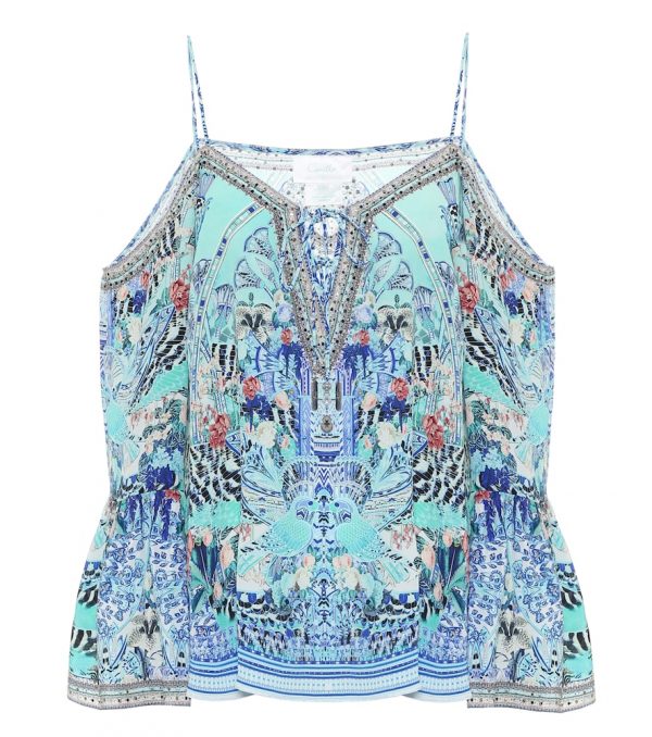 Embellished printed silk camisole