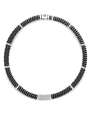 Lagos Sterling Silver Black Caviar Collection Six-Bar Station Diamond & Black Ceramic Necklace, 16
