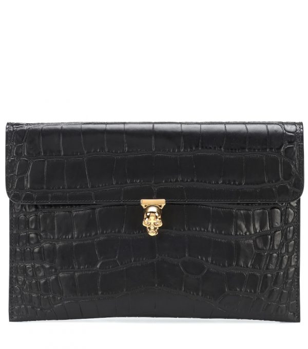 Skull croc-effect leather clutch