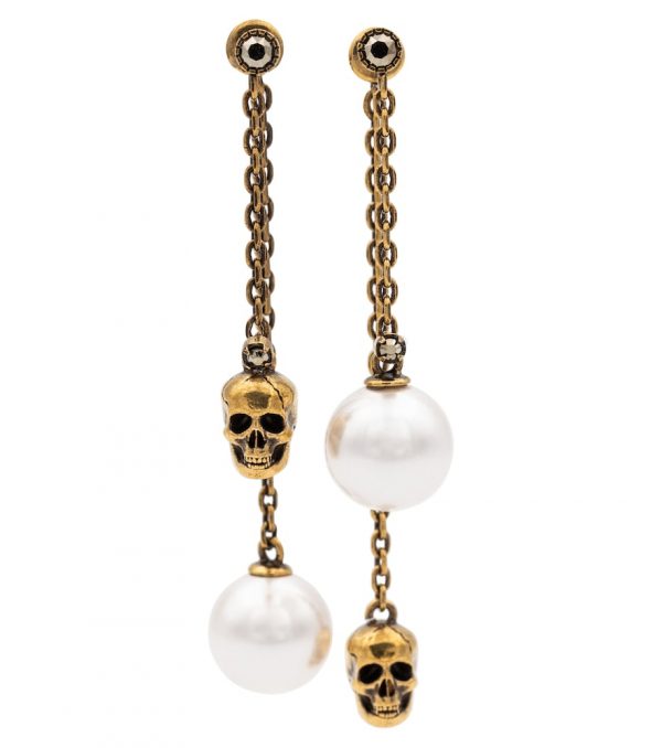Faux pearl and skull earrings