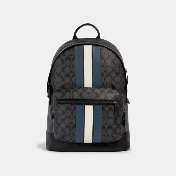 West Backpack In Signature Canvas With Varsity Stripe in Black