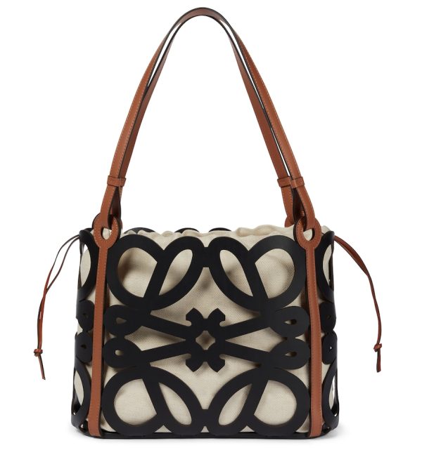 Anagram Small leather and canvas cutout tote