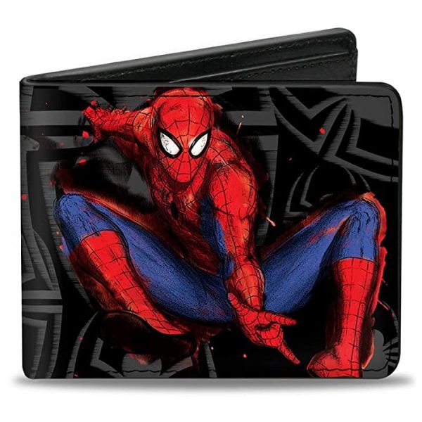 Buckle-Down Mens Buckle-down Pu Bifold - Spider-man Jumping Pose Sketch/Scattered Spiders Black/Gray/Red/Blue Bi Fold Wallet, Multicolor, 4.0 x 3.5 US