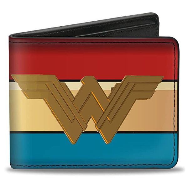 Buckle-Down Mens Buckle-down Pu Bifold - Wonder Woman 2017 Icon/Stripe Red/Golds/Blue Bi Fold Wallet, Multicolor, 4.0 x 3.5 US