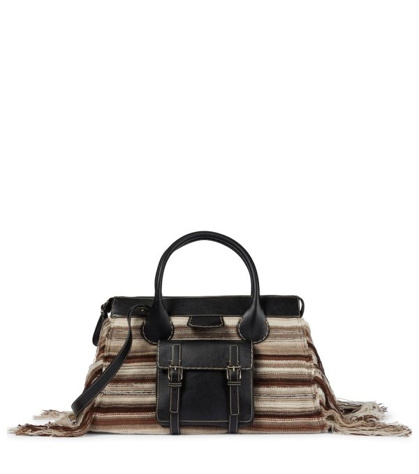 Edith Large fringe-trimmed striped cashmere and leather tote