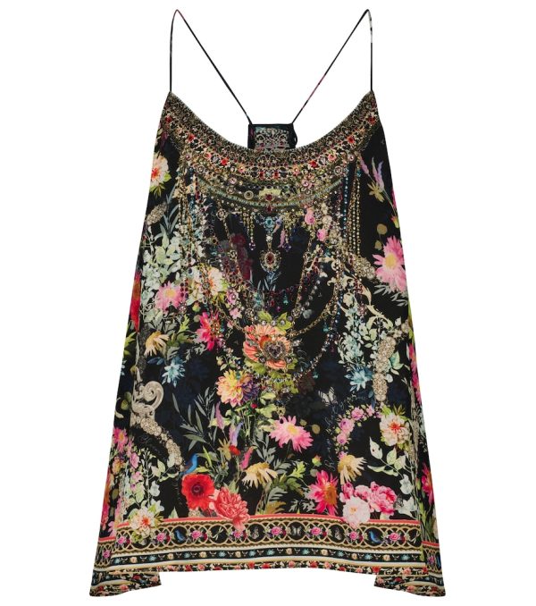 Embellished printed silk camisole