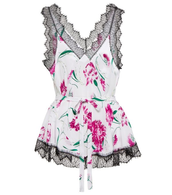 Lace-trimmed floral silk camisole