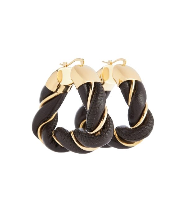 Leather and gold-tone silver triangle hoop earrings
