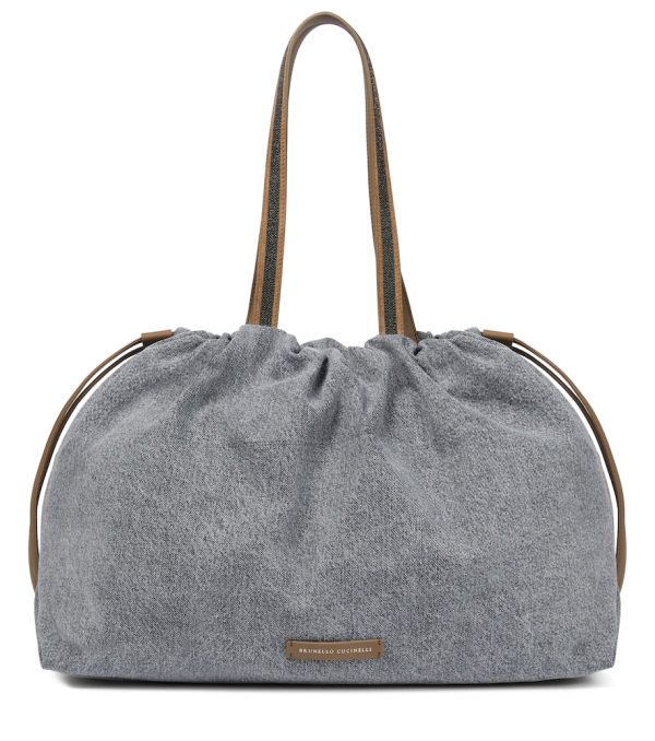 Leather-trimmed denim tote