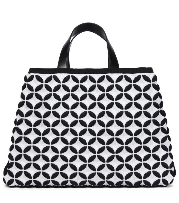 Leather-trimmed jacquard knit tote