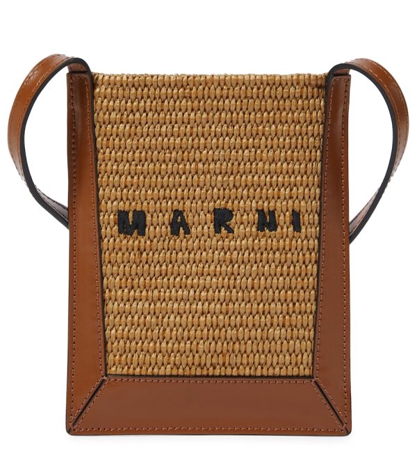 Leather-trimmed raffia crossbody bag