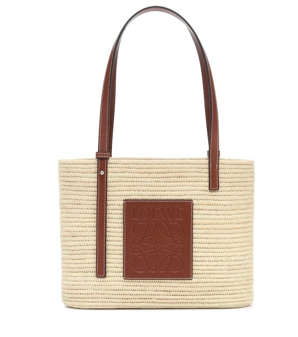 Leather-trimmed raffia tote