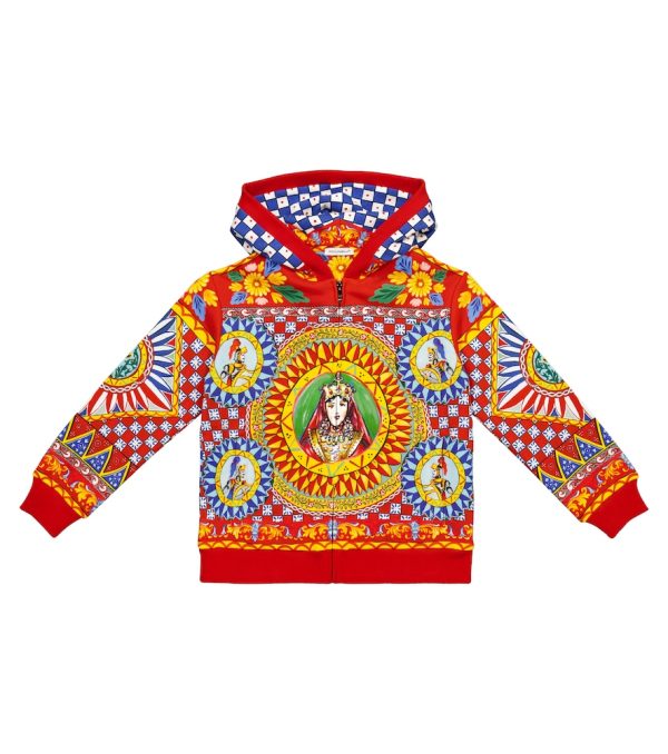 Printed zipped cotton hoodie