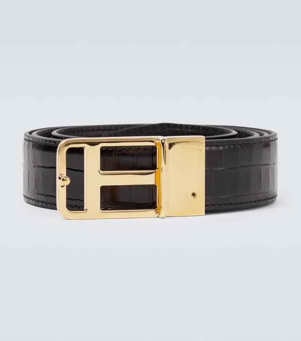 Classic T croc-effect leather belt