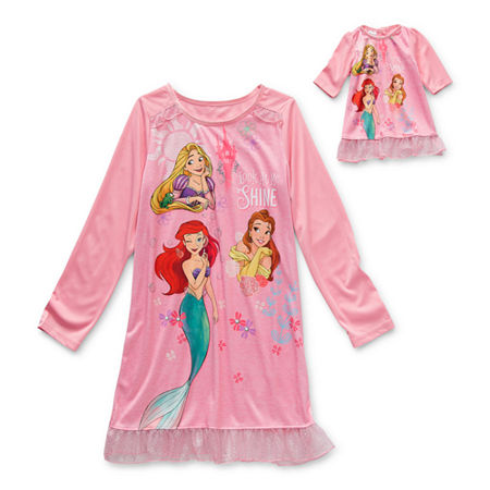 Dollie and Me Disney Little & Big Girls Princess Long Sleeve Crew Neck Nightgown, 4 , Pink