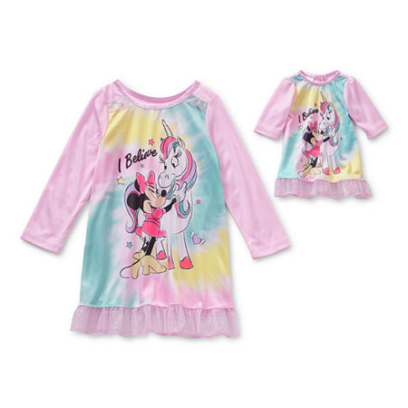 Dollie and Me Disney Toddler Girls Minnie Mouse Long Sleeve Round Neck Nightgown, 2t , Pink