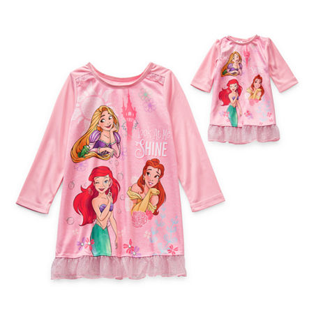 Dollie and Me Disney Toddler Girls Princess Long Sleeve Crew Neck Nightgown, 2t , Pink