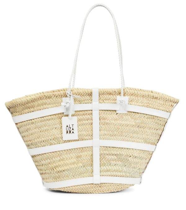 Leather-trimmed raffia tote