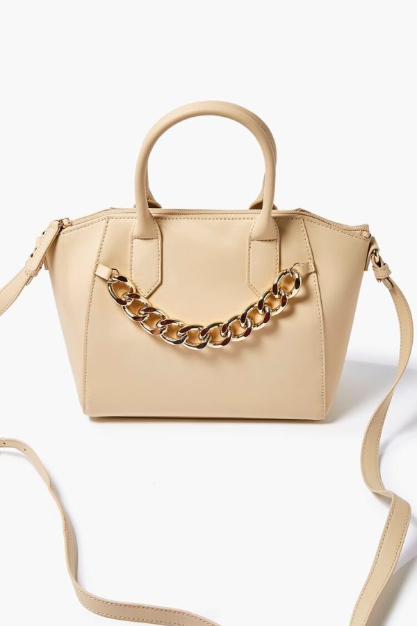 Women Faux Leather Curb Chain Satchel in Taupe