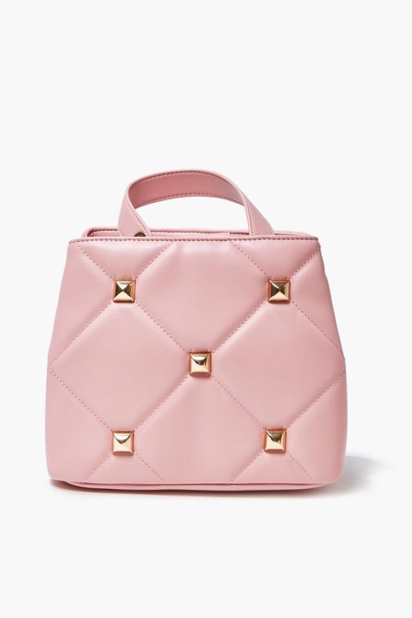 Women Studded Quilted Faux Leather Satchel in Pink
